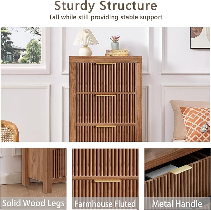Modern 12-Drawer Solid Wood Dresser with Fluted Front & Gold Handles, Multifunctional Tall Storage Chest, for Hallway, Entryway, Walnut X3