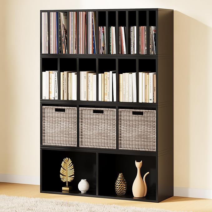 IOTXY DIY Modular Cube Bookcase - CubeXY Customizable Stackable Expandable Combination Set, 23-Cube Open Bookshelf for Books, Fabric Storage Bin, and Vinyl Record Organizer, Black