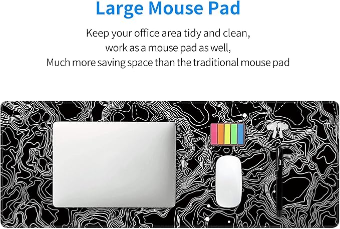 Black with White Topographic Line Large Mouse Pad,Gaming Keyboard Desk Pad,Extended Mouse Mat Non-Slip Rubber Base with Stitched Edges for Office Game Home XL 31.5"x11.8"