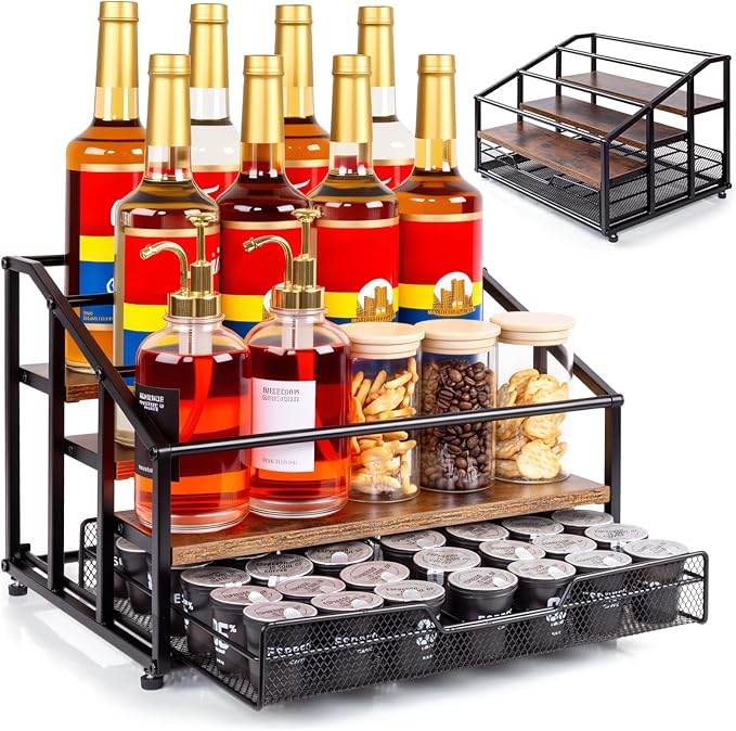 Coffee Syrup Rack Organizer, 4-Tier 12 Bottle Syrup Rack with 35 K Cup Drawer for Coffee Bar, Countertop Bottle Holder Stand for Dressing for Kitchen Cafe Station