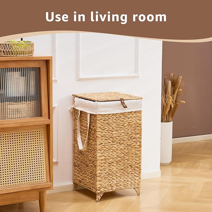 Laundry Hamper with Lid and Removable Liner Bag, Handwoven Natural Hyacinth Clothes Hamper with Heightened Feet, Wicker Laundry Basket for Clothes and Towels，Small