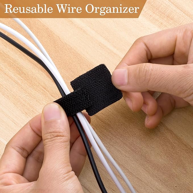 20pcs Hook and Loop Cable Ties, 3.55 Inch Self Adhesive Cable Management Straps for Desktop Network Wires, Adjustable Reusable Appliances Cord Organizer for Office Home Desk - Black
