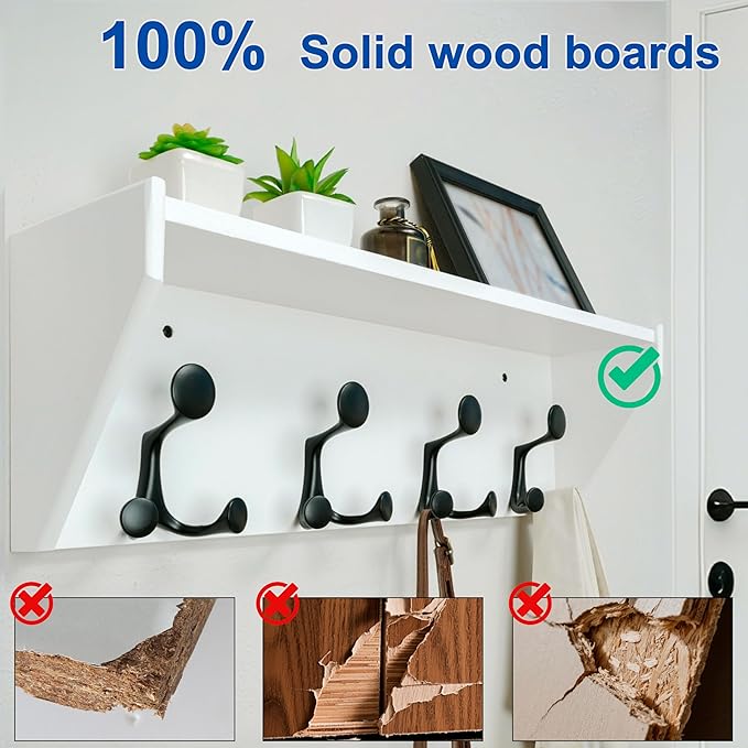 WEBI Wall Shelf with Hooks Underneath,24” Long Wall Mounted Coat Rack with Shelf,Entryway Coat Rack with 4 Triple Hooks for Hanging Coats,Jacket,Hallway,Bedroom,Mudroom,White