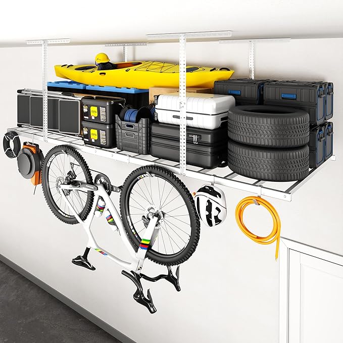 FLEXIMOUNTS 4x8 Overhead Garage Storage Rack with 6 Hooks, Adjustable Storage Organization System, Heavy-Duty Metal Ceiling Racks, 22.6" -39.4" Ceiling Dropdown, Lite Series