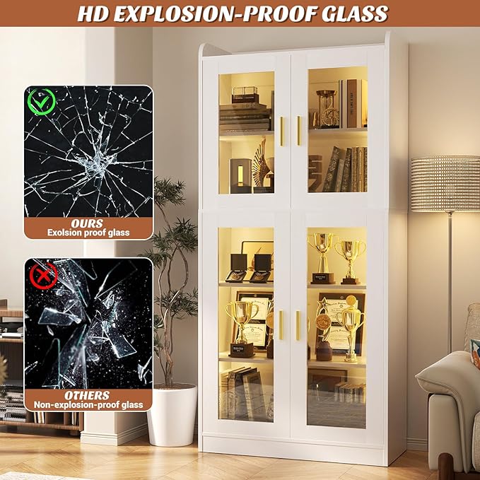 Unikito Display Cabinet with Glass Doors, 67" Tall Bookcase with LED Lights, Glass Display Case with 5-Tier Storage Shelves, Curio Cabinet for Collectibles Bedroom Living Room Office, White Bookshelf