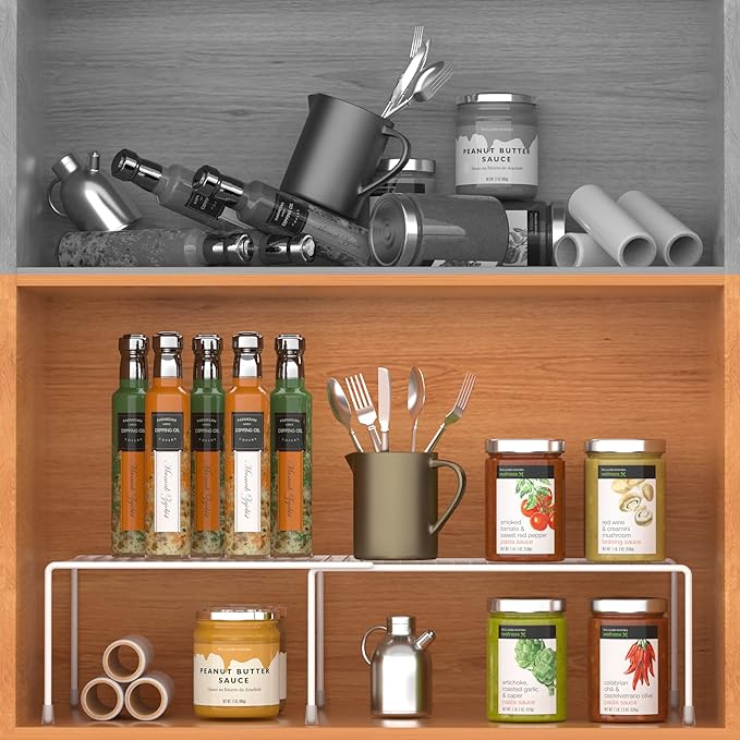 Redrubbit Cabinet Storage Shelf Rack, Expandable Metal Rustproof Kitchen Counter and Cabinet Shelf, Storage Rack Organizer Space Saver for Kitchen, Fridge, Cabinet, Bathroom, White, Set of 6