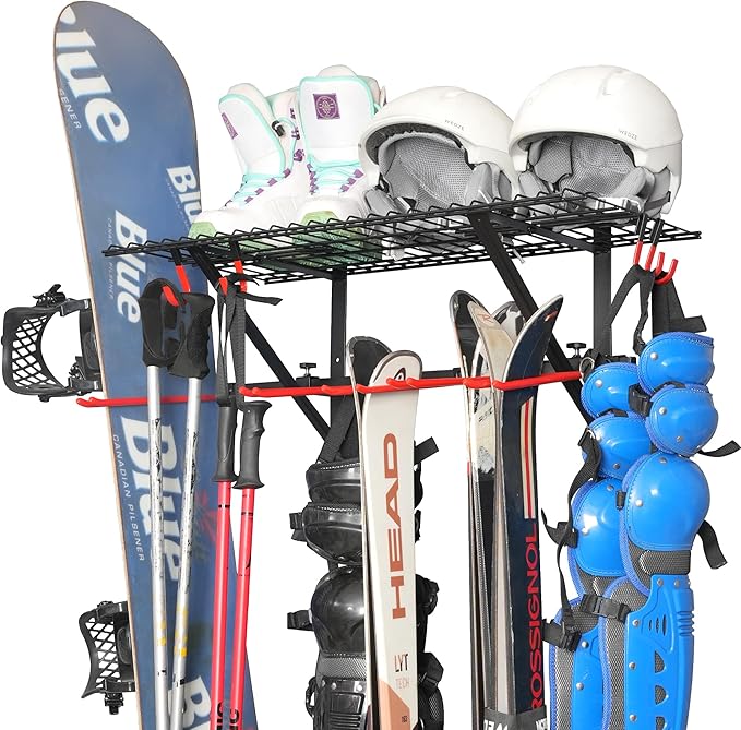 PLKOW Wall-Mounted Ski Rack, Skis Storage Rack for Garage Shed with Top Storage Shelf, Customizable Spacing, Supports Up to 280 lbs, Steel, 1-Pack