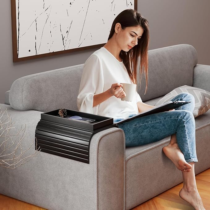 Sofa Arm Rest Tray Table for Couch - 2-in-1 Couch Arm Table with Be Slide Detachable Tray - Anti-Slip Foldable Sofa Armchair Caddy for Drinks Cup Cellphone TV Remote Snacks (Black)