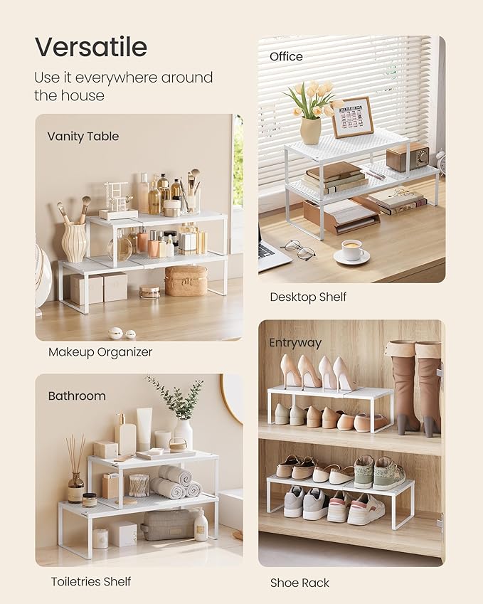 SONGMICS Set of 2 Expandable Pantry Kitchen Organizers, Adjustable Spice Rack, Stackable Cabinet Organizers, Metal, Space-Saving Tabletop Shelves, Matte White UKCS402W01