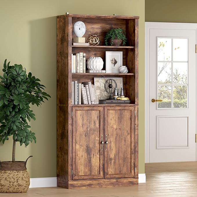 71.4" Tall Bookshelf with Cabinet, 5-Tier Floor Standing Bookcase with Doors & Adjustable Shelves, 31.5" Wide Storage Shelf, Metal Handles, Modern Organizer for Home Office, Living Room