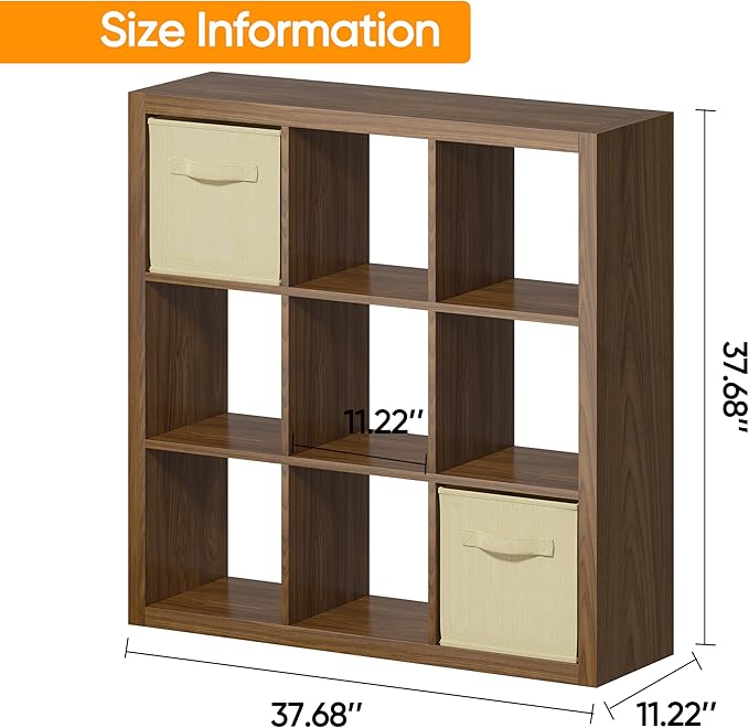 Bookshelf with Storage Bins, 9-Cube Storage Organizer Sturdy Wooden Bookcase Open Book Shelf, Multifunctional Cubicle Rack for Storage & Display, Furniture for Living Room Bedroom Office, Classic Oak