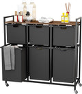 HOMEIJU Laundry Basket with Wheels, Rolling Laundry Hamper Organizer with Large Desktop, Laundry Sorter with 6 Pull-Out and Removable Laundry Bags, Metal Frame, Rustic Brown and Black