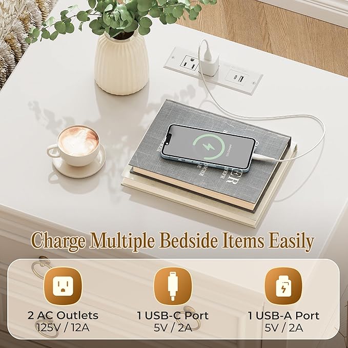 Huuger 27.6 Inch Tall Nightstand with Charging Station, USB-C Port, Larger Night Stand Set of 2, Bedside Table with 2 Drawers, 11.4 Inch Raised Legs, Side Tables End Tables, for Bedroom, White