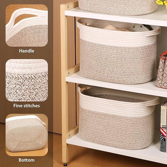 Kntiwiwo Storage Baskets for Organizing 14.7”x11”x9.6” Rope Storage Baskets for Shelves with Handles, Decorative Closet Baskets & Bins, Large Woven Baskets for Storage, White & Brown