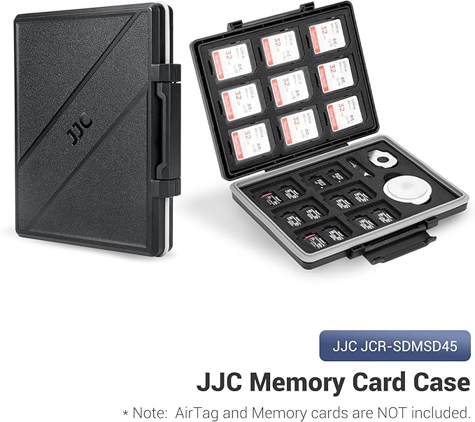 JJC 45 Slots Memory Card Case for 30 Micro SD and 15 SD Cards with AirTag Slot, Water-Resistant Anti-Shock Anti-Dust, Micro SD/SDHC/SDXC TF Card and SD/SDHC/SDXC Holder Organizer Storage
