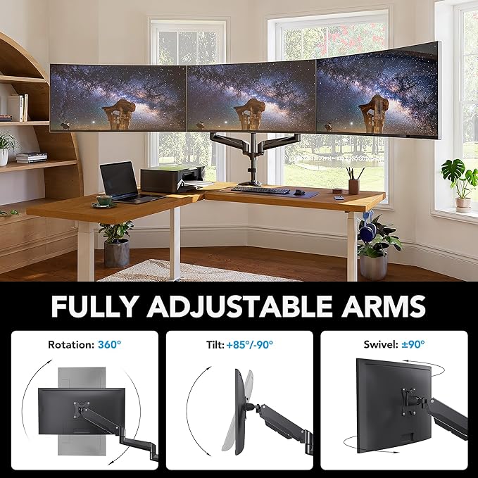 HUANUO Triple Monitor Mount for 17 to 32 inch Screens, Adjustment Triple Monitor Stand with Swivel, Tilt, Rotation, Clamp & Grommet Kit