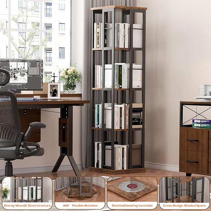 Aheaplus Rotating Bookshelf, Corner Bookshelf, 360 Display Wood Spinning Bookshelfs, Floor Standing Bookcase Narrow Shelf Revolving Organizer Storage Rack for Small Space, Bedroom, Study Room