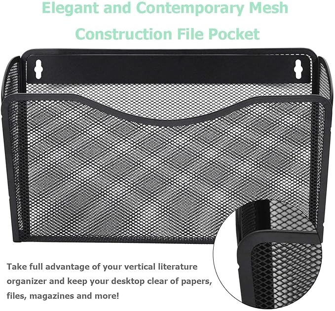 EASEPRES 3 Single Pocket Mesh Hanging File Organizer, Vertical Wall Mounted Magazine File Holder, Mount Basket Mail Paper Document Folder Organizing for Office, Home and School, Black