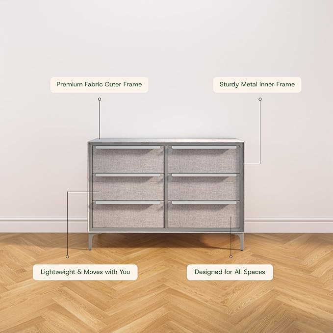Naima Premium Fabric Dresser - Strong Metal Frame, 6 Spacious Sag-Proof Drawers with Sleek Metal Handles - Premium & Durable Storage Solution for Your Home (Silver)