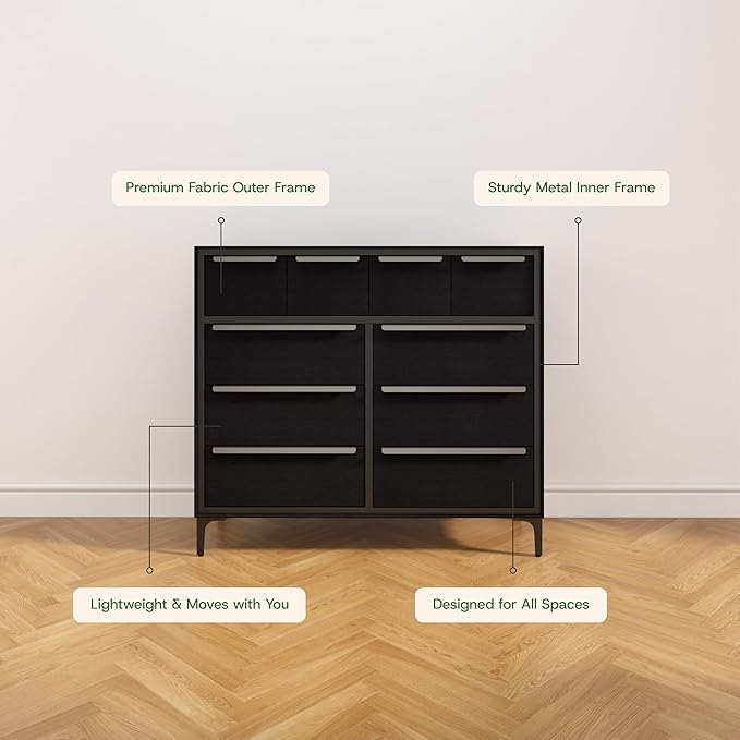 Naima Premium Fabric Dresser - Strong Metal Frame, 10 Spacious Sag-Proof Drawers with Sleek Metal Handles - Premium & Durable Storage Solution for Your Home (Black)