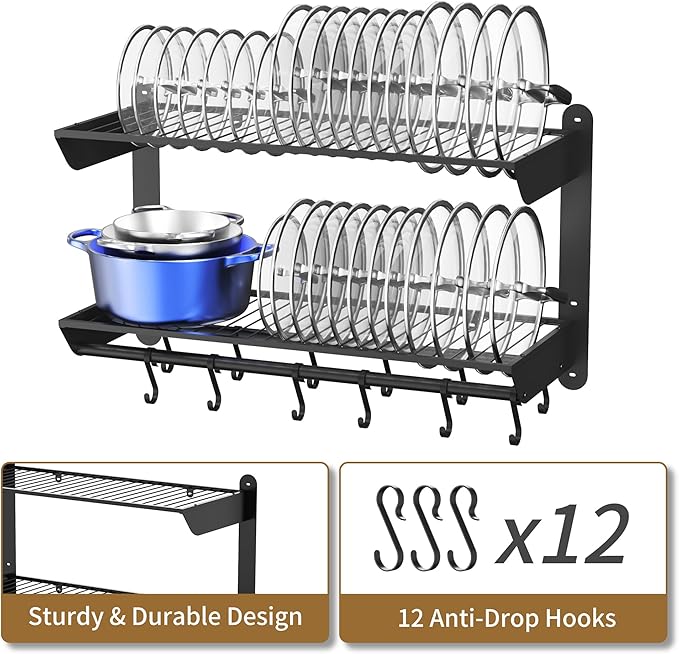 YIGII 30 Inch Pot Rack Wall Mounted, 2-Tier Pots and Pans Organizer with 12 Anti-Drop Hooks, Heavy Duty Kitchen Wall Shelf for Cookware, Lids, Utensils, Black