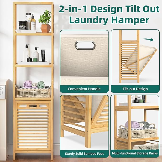 Bamboo Tilt Out Laundry Hamper, 4-Tier Tilt Out Hamper for Laundry with Shelf & Removable Clothes Basket - Can Convert to 2-Tier Pull-Out Laundry Hamper & 2 Tier Freestanding Shelf, Beige