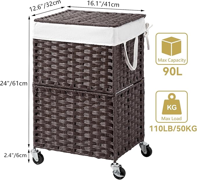 Chrislley 90L Slim Laundry Hamper with Wheels, Rolling Laundry Basket with Lid and Renovable Liner Bag, Handwoven Rattan Organizer for bedroom, bathroom, laundry room (Brown)