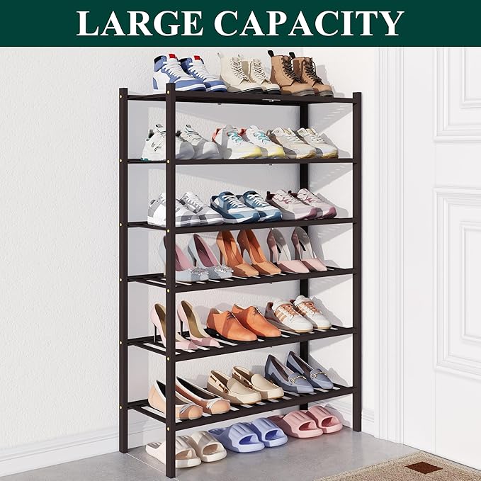 Smiry Bamboo Shoe Rack for Closet, 6 Tier Wooden Stackable Shoe Organizer, Free Standing Shoes Storage Shelf for Entryway, Front Door Entrance, Brown