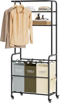Laundry Sorter 3 Section,Laundry Hamper Cart with Hanging Rack & Removable Bags,Heavy Duty Laundry Basket Organizer with Wheels & 2 Tier Shelf,3 Colors