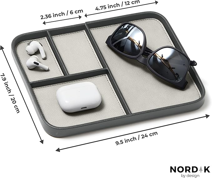Nordik Leather Valet Tray - Sahara Gray - 9.5 x 7.9 Inch Medium Vegan Leather Tray - Stylish Nightstand Organizer for Men - Modern Bedside Caddy - EDC Catchall for Key Watch Wallet Jewellery