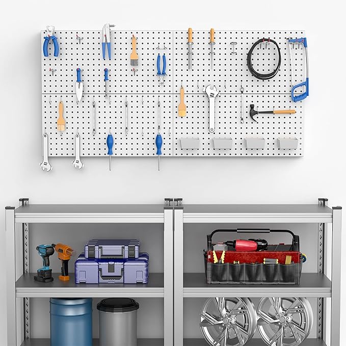 Pegboard Smith 48PCS Metal Pegboard Kit – 12"x24" Tool Storage Wall Organizer Pegboard with Hooks and Bins for Garage, Workshop, Kitchen, Office, and Craft Room (Gray)