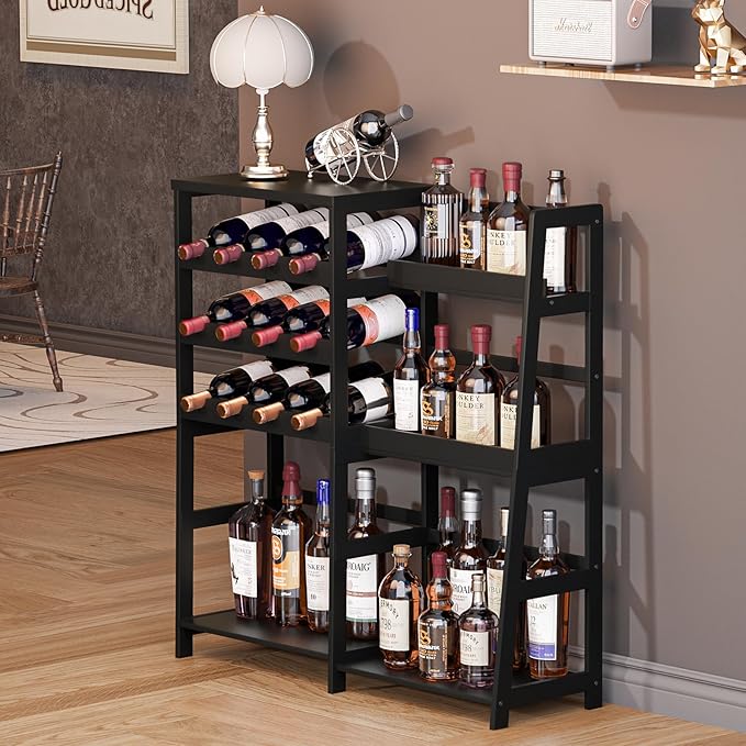 VASMIA Versatile Liquor Stand for Home Bar, Wine Rack Freestanding Floor, Mini Bar Table with Bamboo Trapezoidal Liquor Bottle Display Shelf Cabinet for Living Room, Black