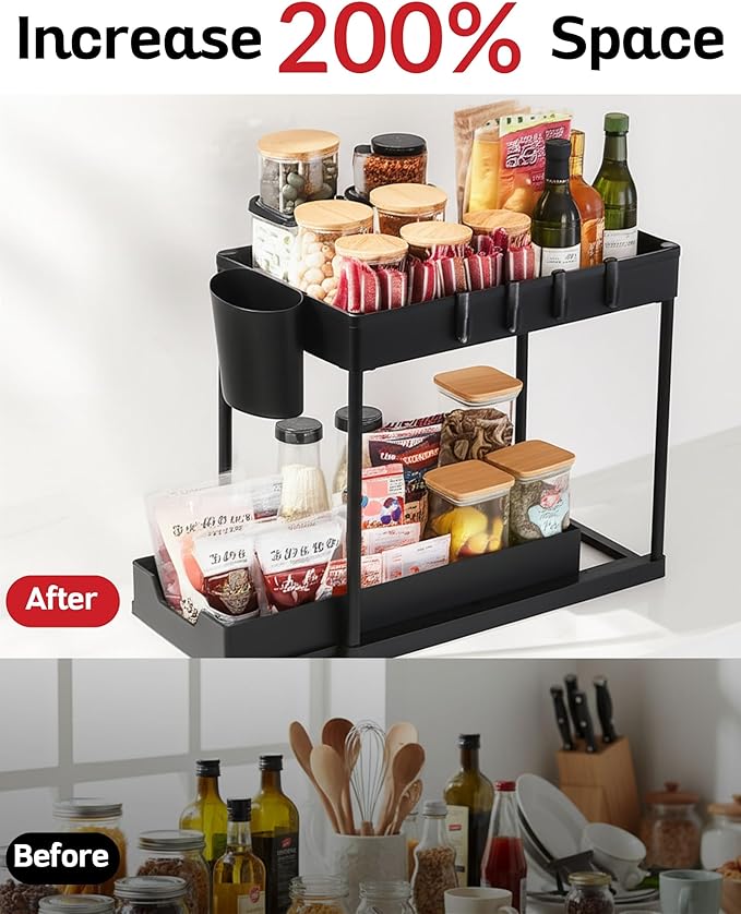 Under Sink Organizer – 2-Tier Sliding Storage Rack for Kitchen, Bathroom & Pantry | Multi-Purpose Cabinet Organizer with Pull-Out Baskets