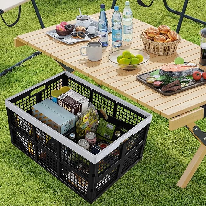 3-Pack Large Plastic Folding Storage Crates, 66 L Collapsible Storage Crates, Black