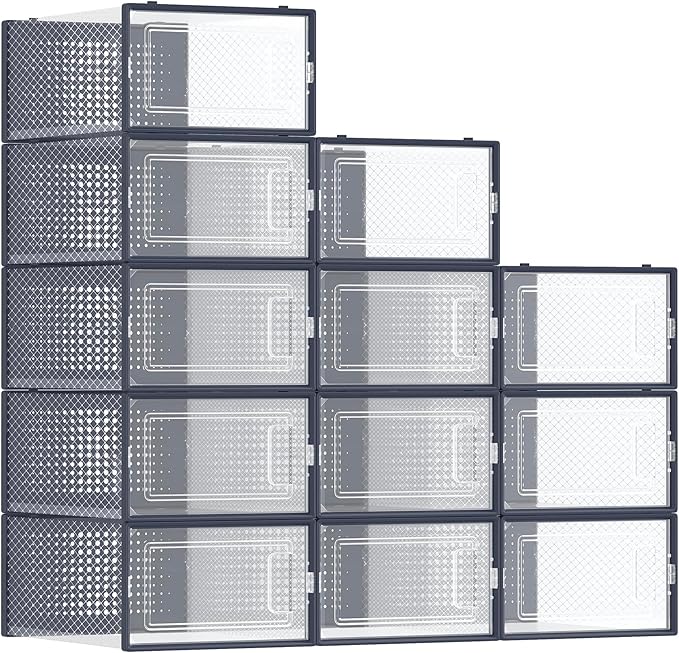 SONGMICS Shoe Boxes, Pack of 12 Shoe Storage Organizers, Stackable Clear Plastic Boxes for Closet, Sneakers, 13.1 x 9.1 x 5.6 Inches, Transparent and Charcoal Blue ULSP12SB30