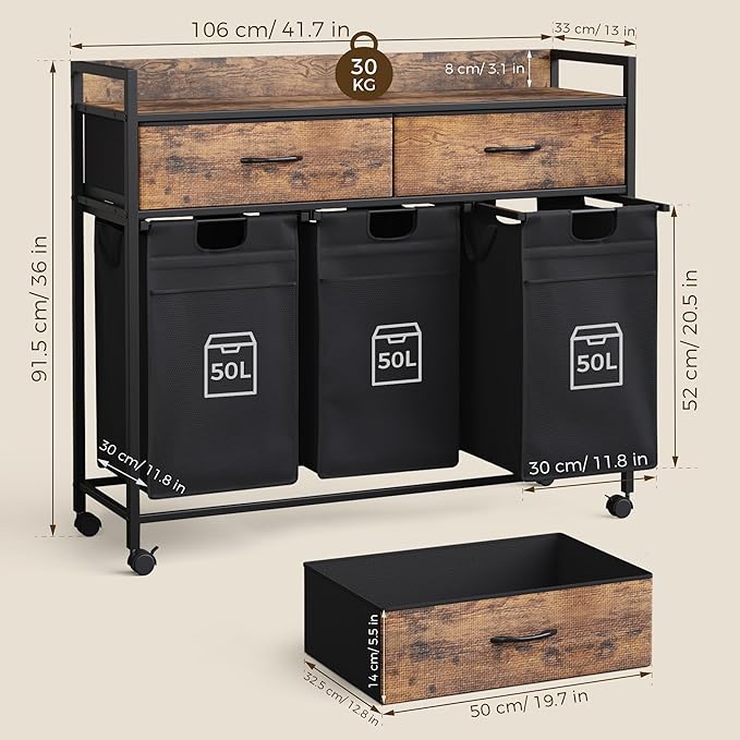 Laundry Hamper baskets 3 Section with 2 Drawers, 150L Laundry Sorter with Wheels Pull-Out Removable Laundry Bags, Rustic Brown and Black