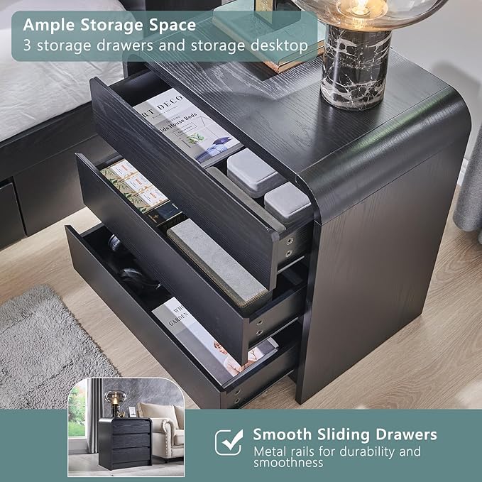 25" Tall Modern Nightstand Set of 2, 23.6" Wide Wood Bedside Table with Charging Station, 3 Storage Drawers Side Table w/Curved Profile Design, End Table for Bedroom, Black