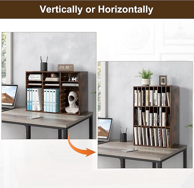 Literature Organizer 27 Slots Wooden Mailboxes for Classroom Office Mail Organizer Countertop Vertical File Sorter with Adjustable Shelves Heavy Duty Office Mailbox Cubbies, Rustic Brown