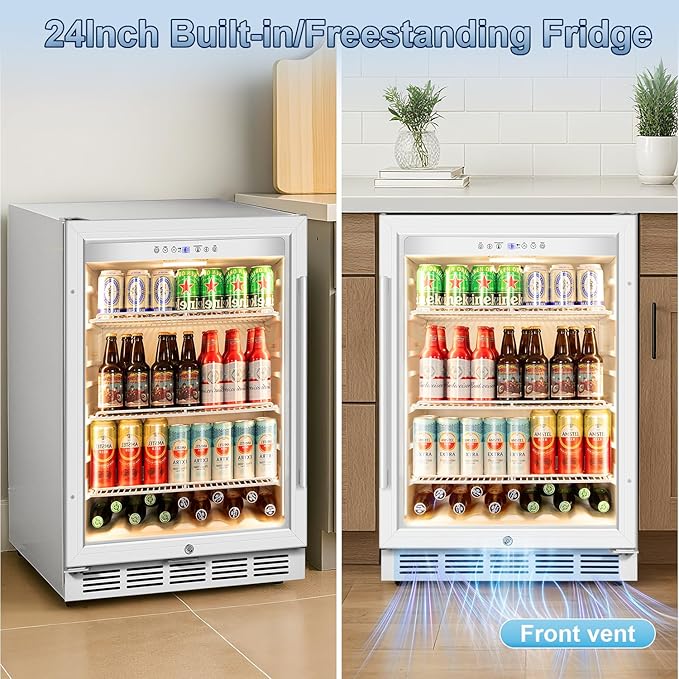 Beverage Refrigerator, 4.9 Cubic Feet Undercounter/Freestanding 24 Inch Beverage Fridge with Glass Door, LED Light, Safety Lock, Touch Control, Low Noise (White)
