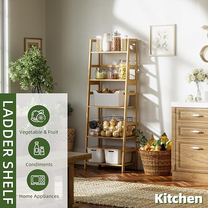 Ladder Shelf, 5-Tier Bookshelf, All Bamboo Heavy Duty Bookcase, Freestanding Open Wood Storage Rack, Modern Corner Display Plant Stand for Living Room, Home Office, Bathroom, Bedroom, Natural