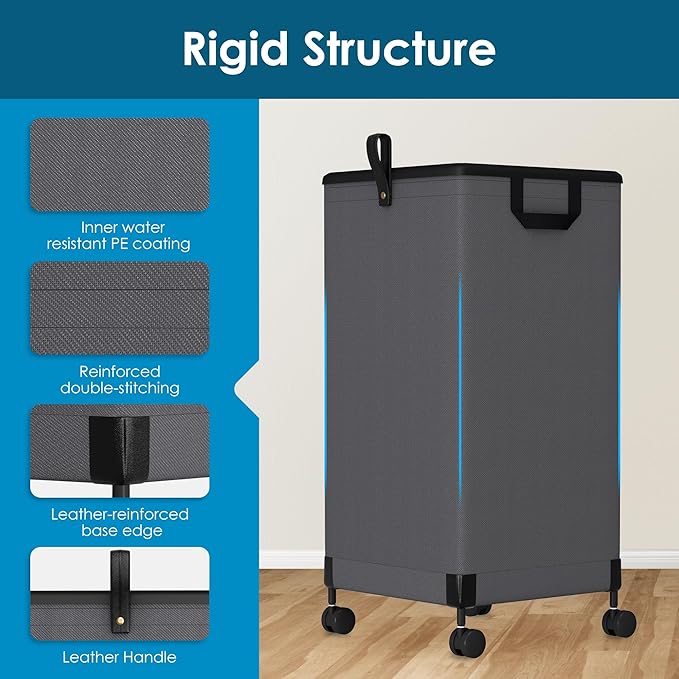 2Pcs Laundry Basket With Wheels 105L, Large Rolling Laundry Hamper With Removable Bag, Metal Frame Collapsible Dirty Clothes Bin, Cloth Organizer Hampers Pull Handle For Bathroom, Dorm, Bedroom Grey