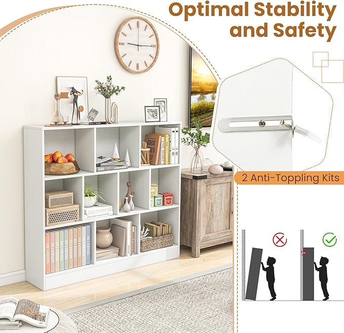 Giantex 10 Cube Bookcase, 4-Tier Freestanding Bookshelf w/ 10 Open Compartments, 2 Anti-Tipping Kits, Modern Display Cabinet, 41" Wood Cubby Storage Organizer for Living Room, Bedroom, White