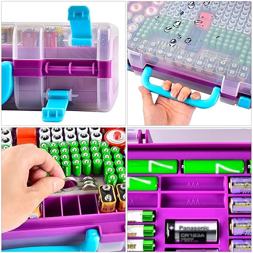 Battery Storage Organizer Case Holder Box with Tester, Double-Sided Batteries Fits for 269 Caddy Container AA AAA AAAA 3A 4A 9V C D Lithium 23A 4LR44 CR123A CR1632 CR2032 - Purple