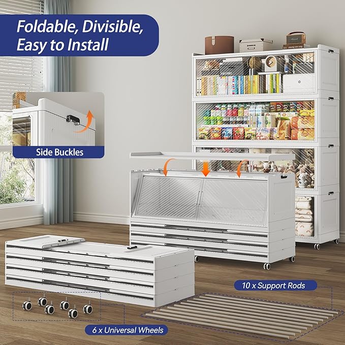 240 Gallon Extra Large Collapsible Storage Bin with Lid, 960QT Stackable Plastic Organizer with 6x Wheels, Foldable Drawer Cabinet for Closet, Living Room Office, Kitchen 3Pack, White