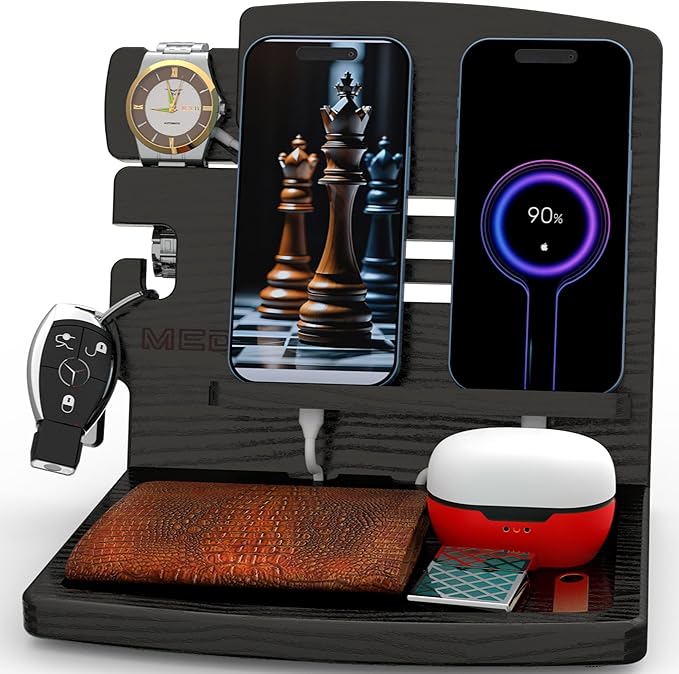 MED Wood Phone Docking Station – Nightstand Desk Organizer for Phone, Watch, Wallet & Tablet – Gift for Men, Husband, Dad & Women – Wooden Charging Stand (Black, Model 1)