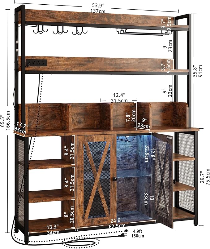 IRONCK Coffee Bar Cabinet with Power Outlet, Industrial Buffet Cabinet with LED Strip and Glass Holder, 3-Tiers Liquor Cabinet Bar for Home, Dining Room, Kitchen, Vintage Brown