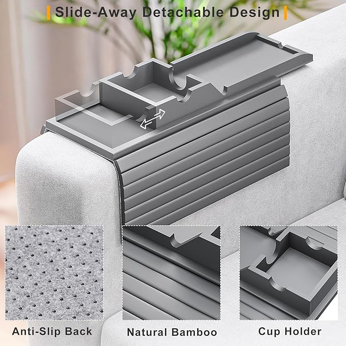 Couch Armrest Table, Sofa Arm Tray with Detachable Couch Cup Holder - 2 in 1 Anti-Slip Foldable Sofa Armchair Caddy Table for Drinks Cellphone TV Remote Snacks (Gray)