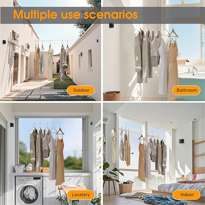 Retractable Heavy Duty Clothesline - Wall Mounted Indoor and Outdoor Laundry Drying Solution, 15.7ft Anti-Sagging Stainless Steel Rope (Black)