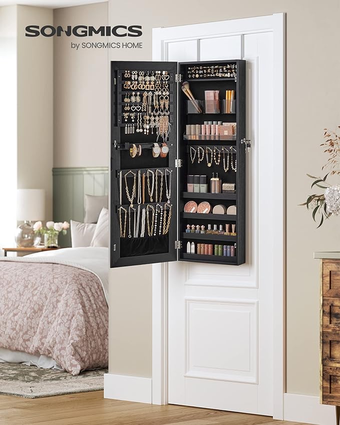 SONGMICS Mirror Jewelry Cabinet Armoire, Wall or Door Mounted Jewelry Storage, Hanging Lockable Frameless with 2 Plastic Cosmetic Organizers, Christmas Gift Idea, Black UJJC001B01