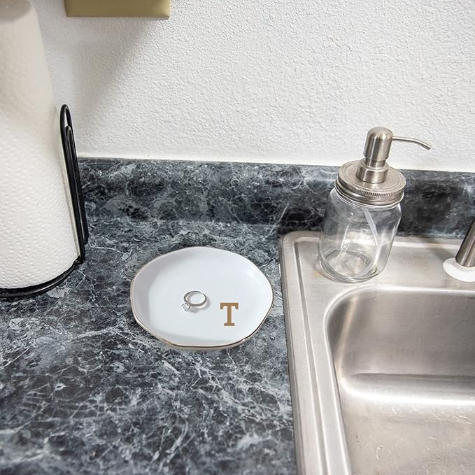 Initials Ring Dish Jewery Tray with Personalized T-Monogrammed Gifts Wedding Engagement for Women Friends Sister Teacher,Ceramic White